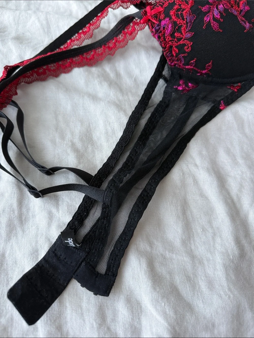 Aubade Black Bra & Sheer Briefs Set with Red and Pink Embroidery